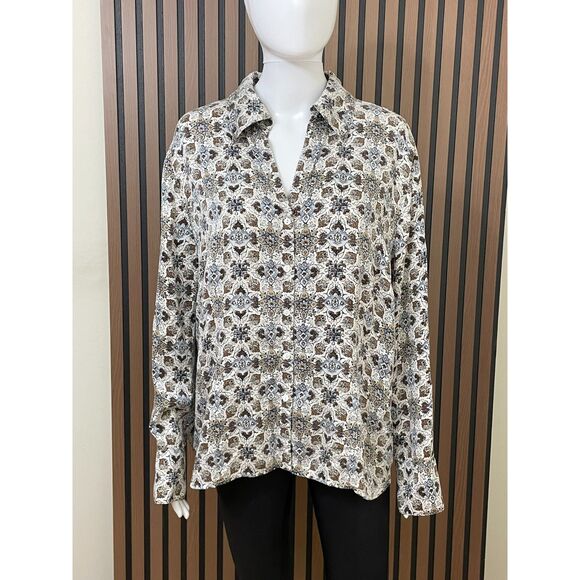 I.E. Women's 20 Brown Button-Up 100% Silk Shirt Floral Casual Chic Boho Work - Picture 1 of 8
